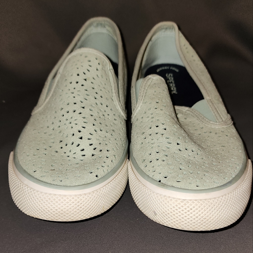 Sperry Gray Seaside Nautical Suede Cut Out Sneakers Size 9 - Preowned in Good - Picture 2 of 7